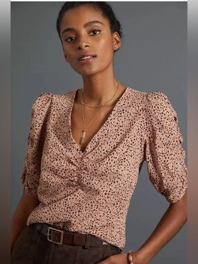 Anthropologie bishop + young Sleek Ruched V-Neck Puff Sleeve Blouse M Tan Black